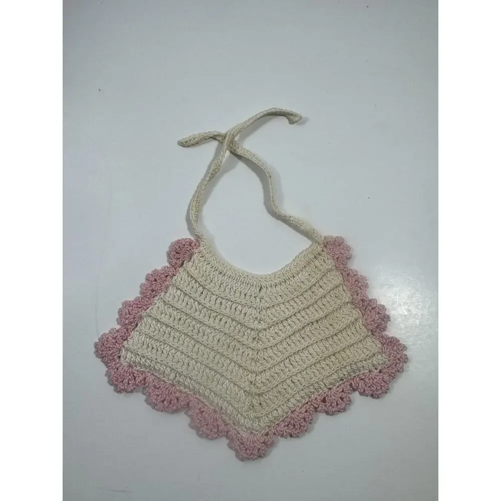 Handmade Crochet Baby Hats Bibs With Pink Trim And Lace